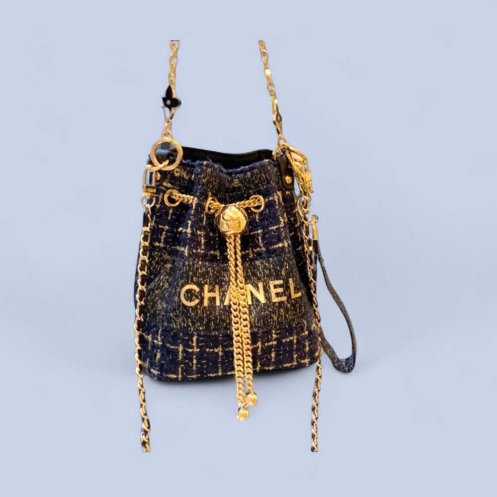 Chanel Navy Tweed and Gold Mini bucket Bag